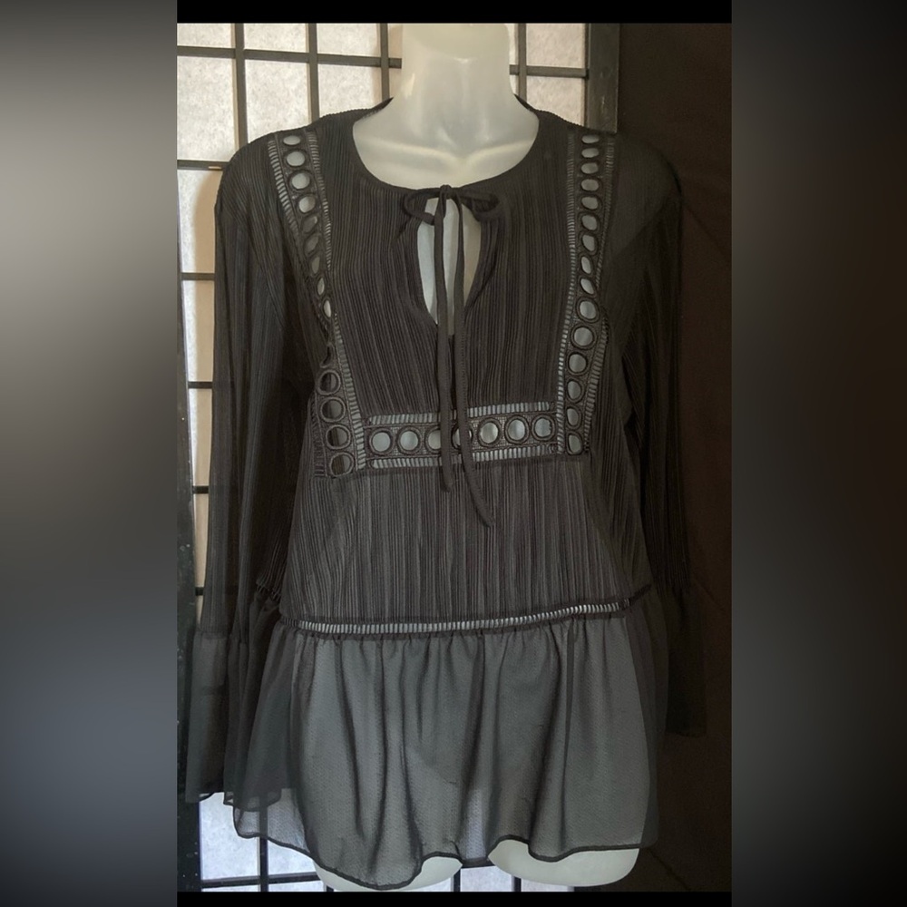 Express Charcoal Sheer Blouse with Eyelet Design